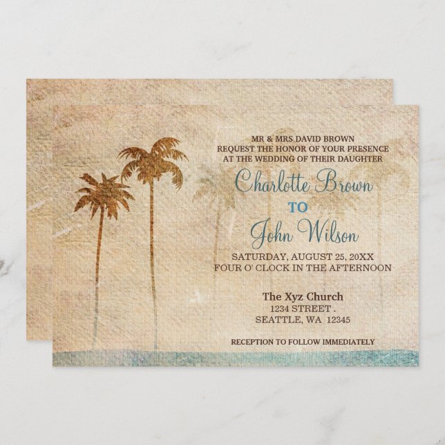 Rustic Palm Trees Beach Wedding Invitations (Front/Back)