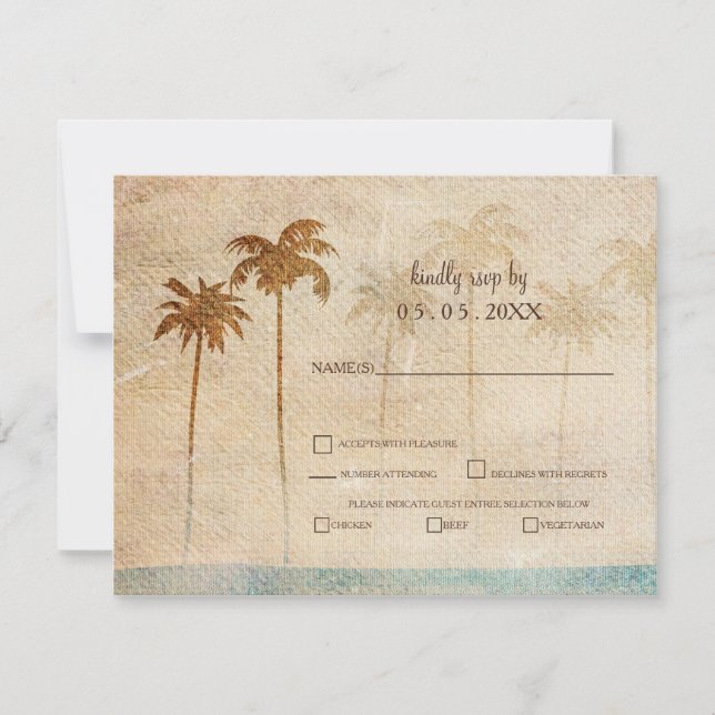 Rustic Palm Trees Beach Wedding rsvp Card (Front)