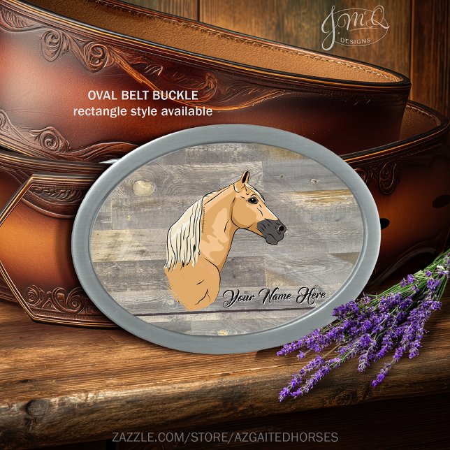 Rustic Palomino Tennessee Walker Design Belt Buckle (Palomino Tennessee Walking Horse art on rustic wood for a warm, classic western look.)