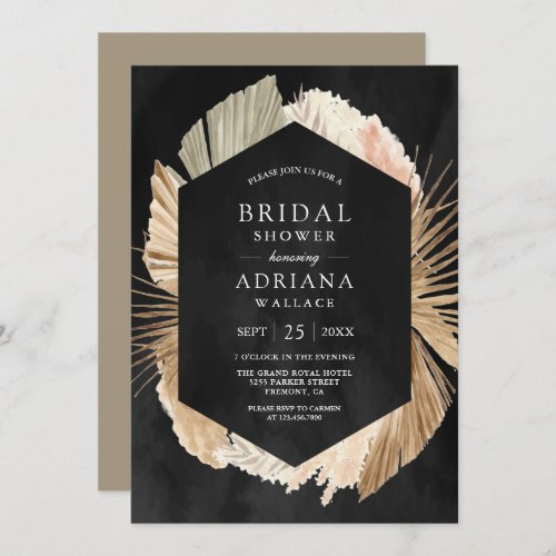 Rustic Pampas Dried Palm Black Bridal Shower Invitation