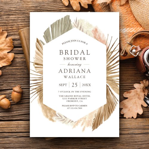 Rustic Pampas Dried Palm Leaves Bridal Shower Invitation