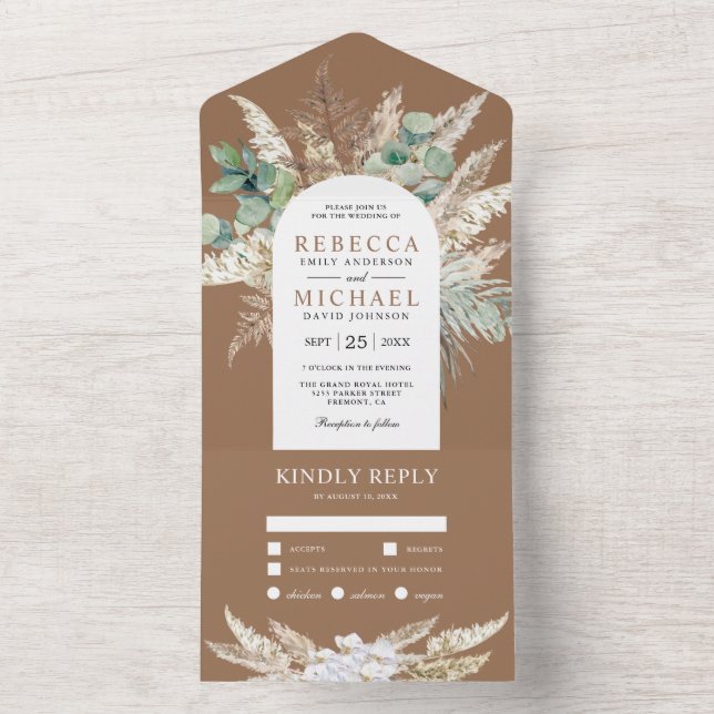 Rustic Pampas Eucalyptus Arch Beige Tan Wedding All In One Invitation (Inside)