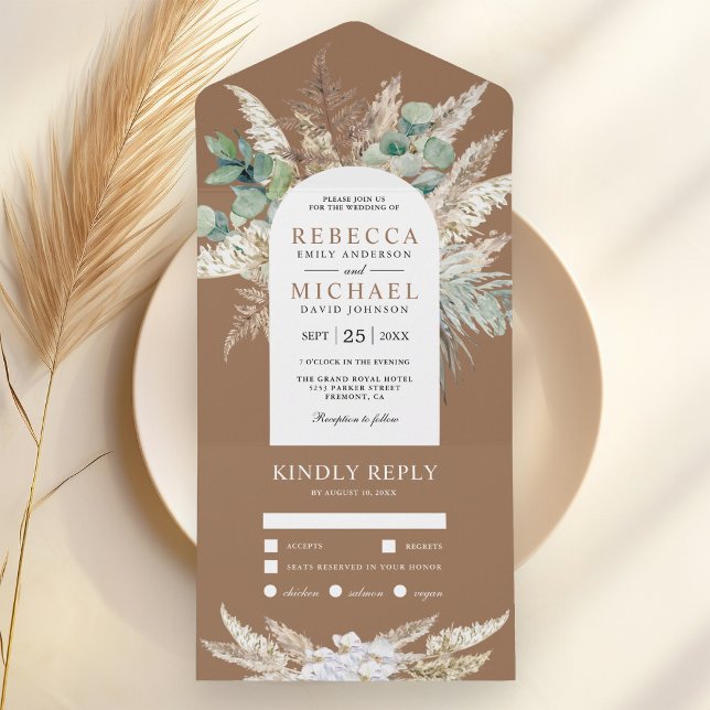 Rustic Pampas Eucalyptus Arch Beige Tan Wedding All In One Invitation (Creator Uploaded)