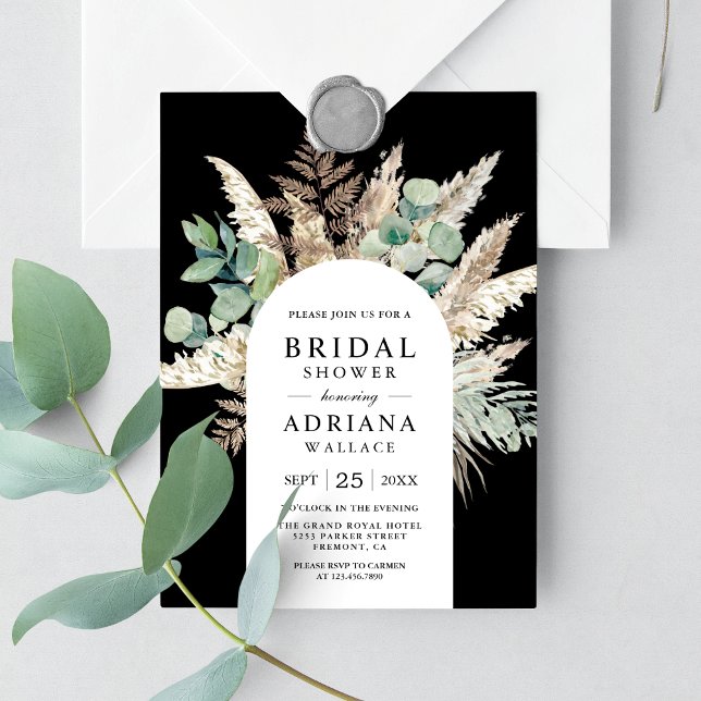 Rustic Pampas Eucalyptus Arch Black Bridal Shower Invitation (Creator Uploaded)