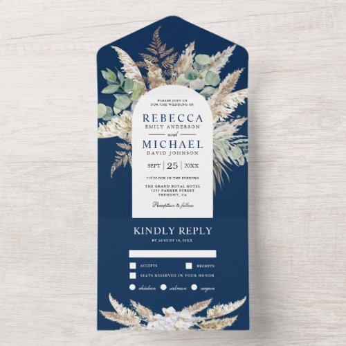 Rustic Pampas Eucalyptus Arch Navy Blue Wedding All In One Invitation