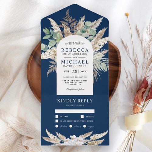 Rustic Pampas Eucalyptus Arch Navy Blue Wedding All In One Invitation