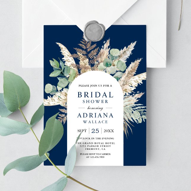 Rustic Pampas Eucalyptus Arch Navy Bridal Shower Invitation (Creator Uploaded)