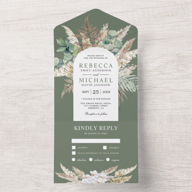 Rustic Pampas Eucalyptus Arch Sage Green Wedding All In One Invitation (Inside)