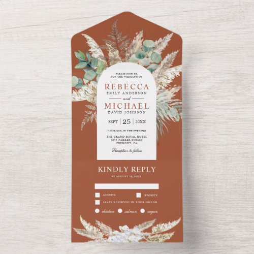 Rustic Pampas Eucalyptus Arch Terracotta Wedding All In One Invitation