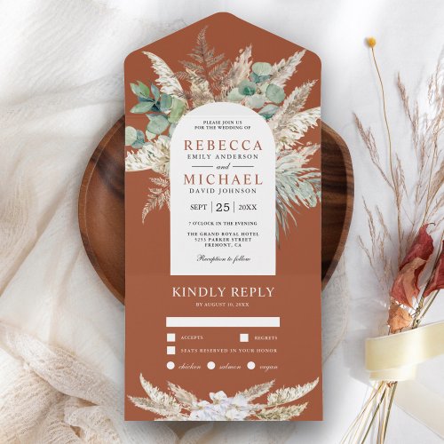 Rustic Pampas Eucalyptus Arch Terracotta Wedding All In One Invitation