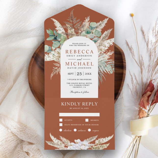 Rustic Pampas Eucalyptus Arch Terracotta Wedding All In One Invitation (Creator Uploaded)