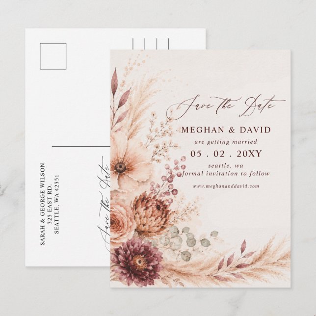 Rustic Pampas Floral Fall Save the Date Announcement Postcard (Front/Back)
