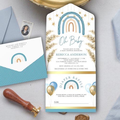 Rustic Pampas Grass Blue Boho Rainbow Baby Shower All In One Invitation