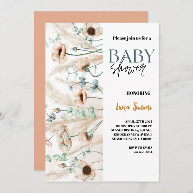 rustic pampas grass boho wildflower baby shower  invitation (Front/Back)