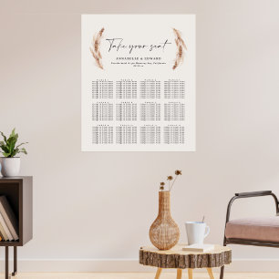 Rustic pampas grass botanical wedding seating plan poster