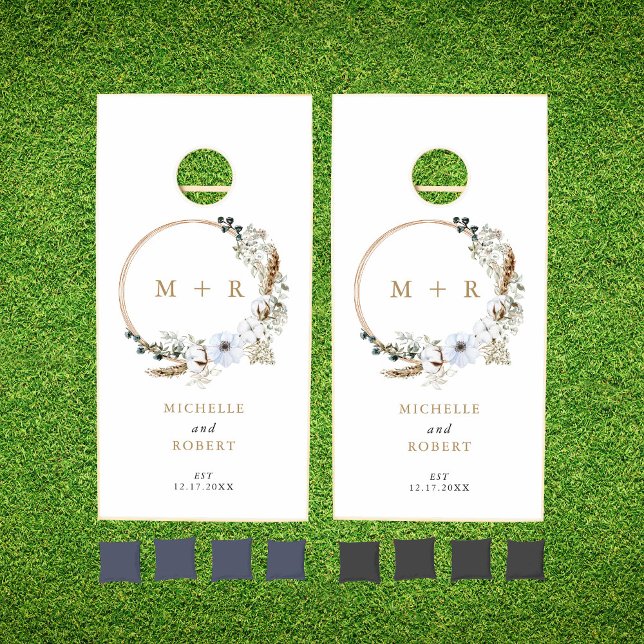 Rustic Pampas Grass Wedding Boho Monogram Cornhole Set (Creator Uploaded)