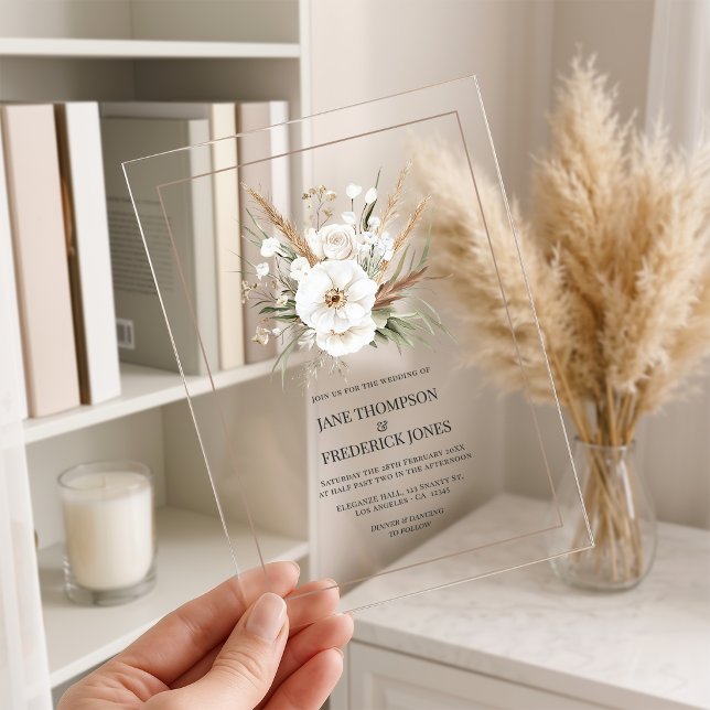 Rustic Pampas Grass White Floral Bohemian Wedding Acrylic Invitations (Rustic Pampas Grass White Floral Bohemian Wedding Acrylic Invitations)