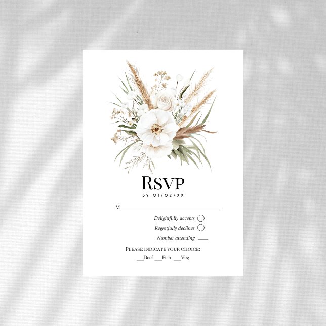 Rustic Pampas Grass White Floral Bohemian Wedding RSVP Card (Rustic Pampas Grass White Floral Bohemian Wedding RSVP Card)