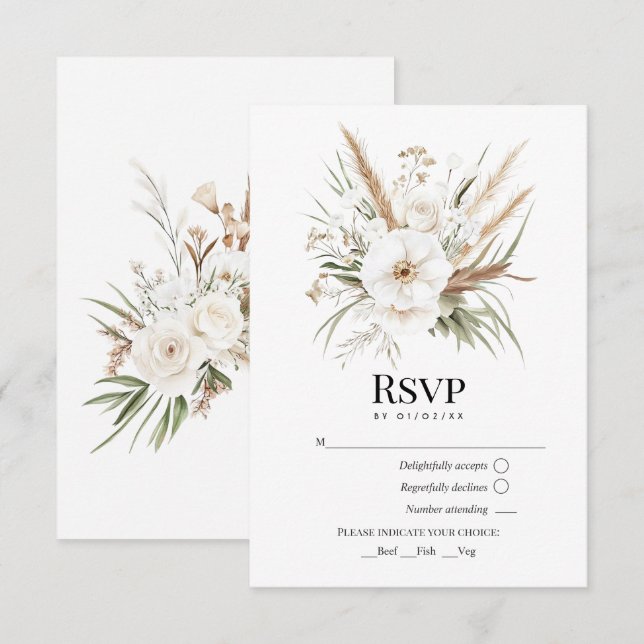 Rustic Pampas Grass White Floral Bohemian Wedding RSVP Card (Front/Back)