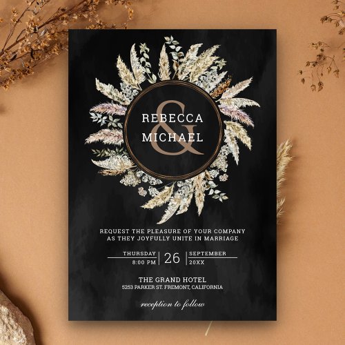 Rustic Pampas Grass Wreath Ampersand Black Wedding Invitation