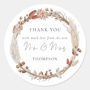 Rustic Pampas Grass Wreath New Mr Mrs Thank You Classic Round Sticker