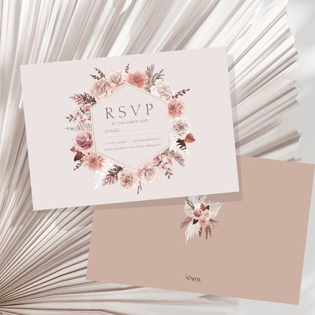 Rustic Pampas Grass Wreath Wedding RSVP Card (Boho Dusty Pink Dried Flowers Wreath Wedding RSVP Card)