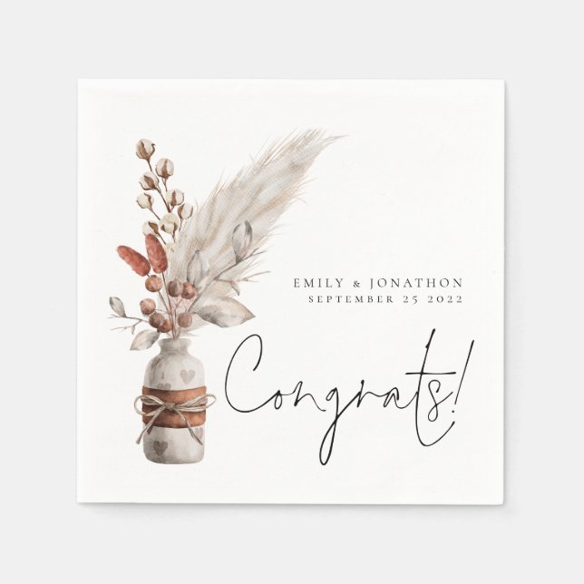 Rustic Pampas Grasses Names Congrats Wedding Napkins (Front)