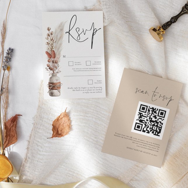 Rustic Pampas Grasses QR Code Wedding RSVP Card (Creator Uploaded)