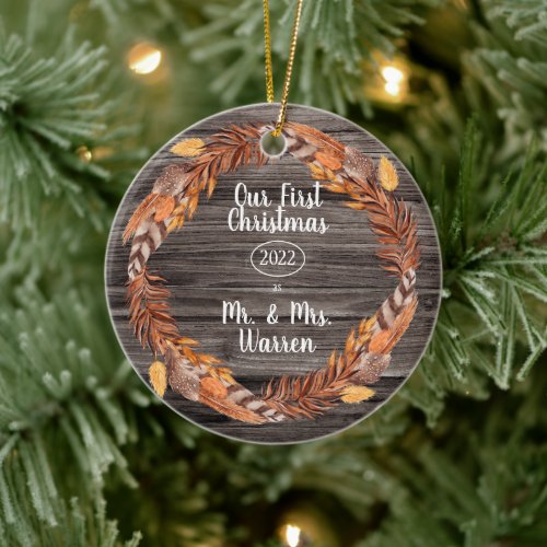 Rustic Pampas Our First Christmas Mr Mrs Photo Ce Ceramic Ornament