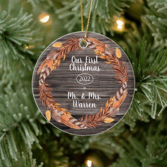 Rustic Pampas Our First Christmas Mr| Mrs Photo Ce Ceramic Ornament (Tree)