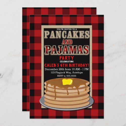 Rustic Pancakes  Pajamas Red Black Buffalo Plaid Invitation