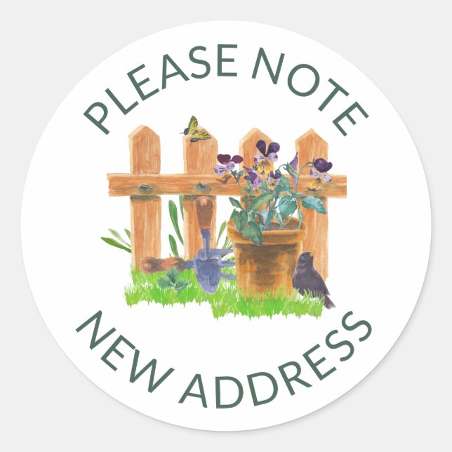 Rustic Pansies & Blackbird Watercolor New Address Classic Round Sticker (Front)