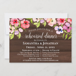 Rustic Pansies on Wood Wedding Rehearsal & Dinner Invitation