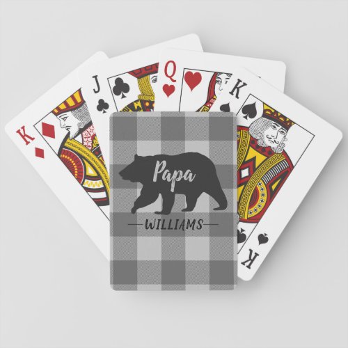 Rustic Papa Bear Buffalo Plaid Monogram Name Poker Cards