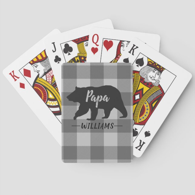 Rustic Papa Bear Buffalo Plaid Monogram Name Poker Cards (Back)