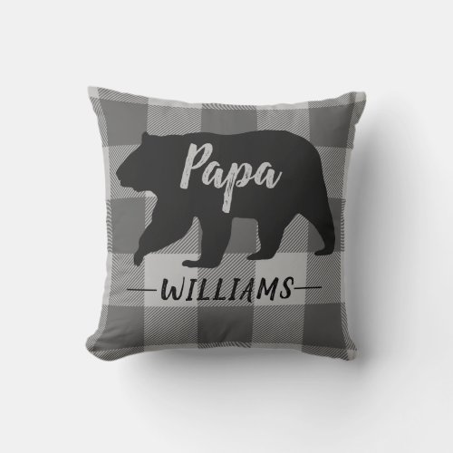 Rustic Papa Bear Gray Buffalo Plaid Monogram Name Throw Pillow