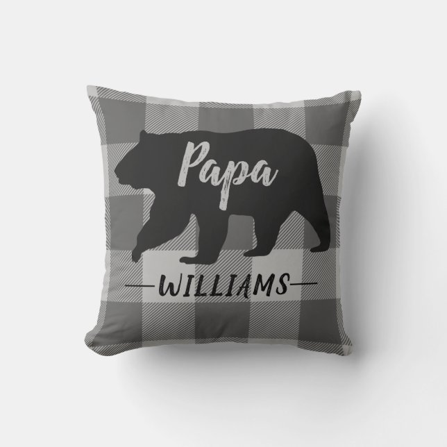 Rustic Papa Bear Gray Buffalo Plaid Monogram Name Throw Pillow (Front)
