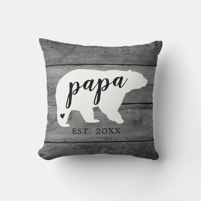 Rustic Papa Bear Heart Birth Photo Keepsake Throw Pillow (Front)