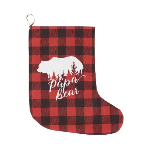 Rustic Papa Bear Red  Black Buffalo Plaid Large Christmas Stocking