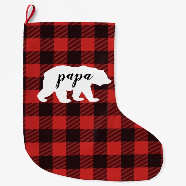 Rustic Papa Bear Red & Black Buffalo Plaid Large Christmas Stocking (Front)