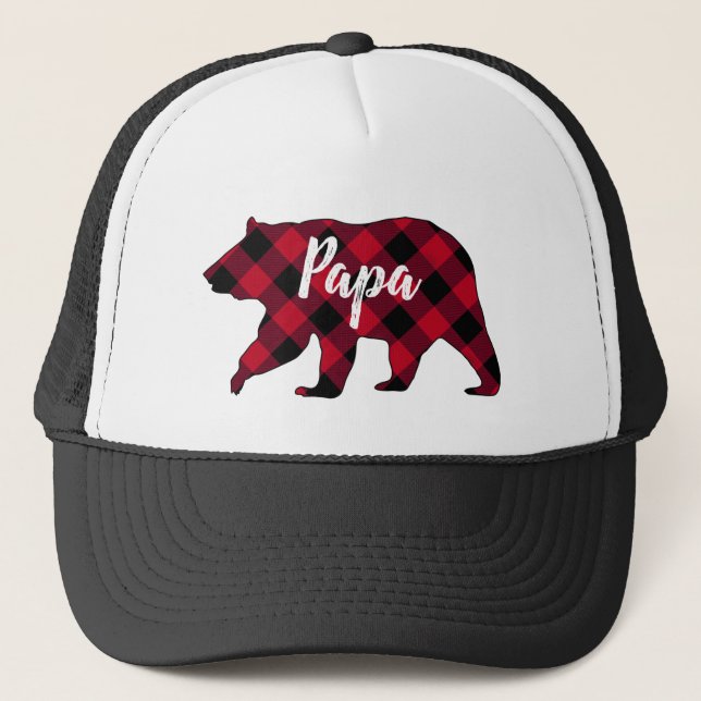 Rustic Papa Bear Red Buffalo Plaid Trucker Hat (Front)