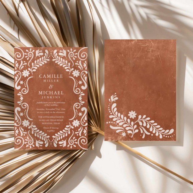 Rustic Papel Picado Mexican Wedding Invitation (Terracotta Mexican Papel Picado Wedding Invitation)