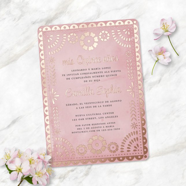 Rustic Papel Picado Pink Rose Gold Quinceañera  Foil Invitation (Creator Uploaded)