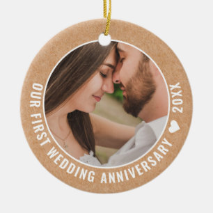 Rustic Paper 1st Wedding Anniversary Couple Photo Ceramic Ornament