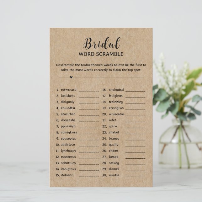 Rustic Paper Bridal Shower Word Scramble Game (Standing Front)