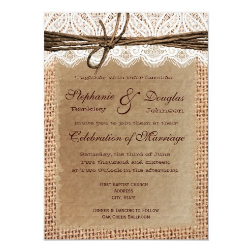 Rustic Paper Burlap Lace Print Wedding Invitations | Zazzle