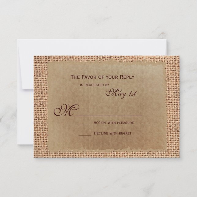 Rustic Paper Burlap Lace Print Wedding RSVP Cards (Front)