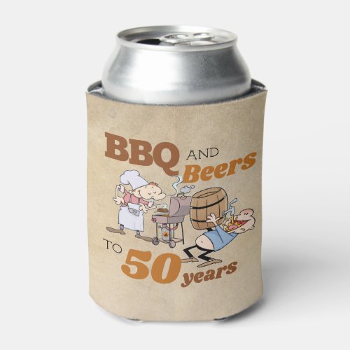 Rustic Paper Cartoon BBQ And Beers 50th Birthday Can Cooler
