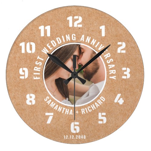 Rustic Paper First Wedding Anniversary Photo Large Clock