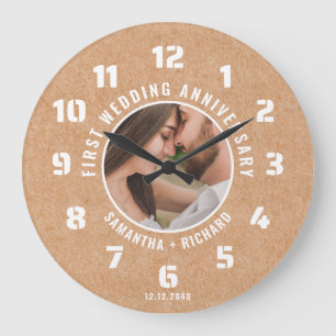 Rustic Paper First Wedding Anniversary Photo Large Clock